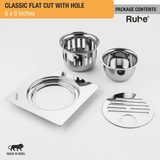 Classic Floor Drain Square Flat Cut (6 x 6 Inches) with Hole and Cockroach Trap (304 Grade) package content