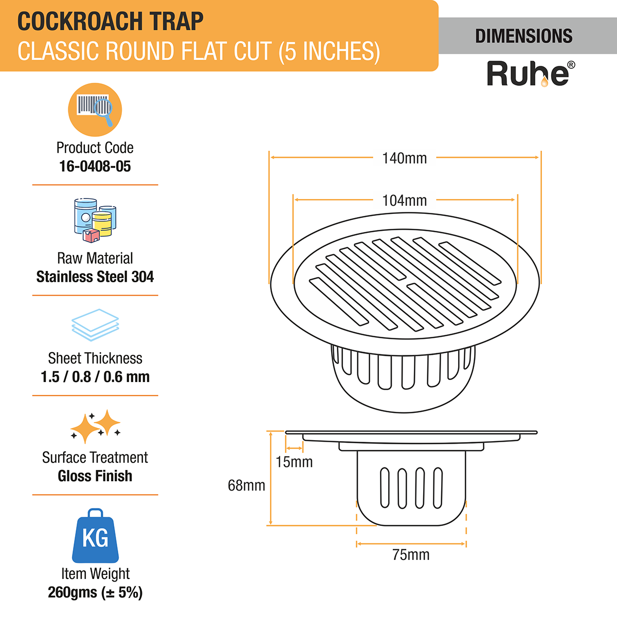 Classic Round Flat Cut 304-Grade Floor Drain with Cockroach Trap (5 Inches) -  by Ruhe