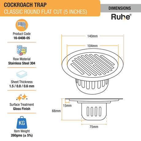 Classic Round Flat Cut Floor Drain (5 Inches) with Cockroach Trap (304 Grade) dimensions and size