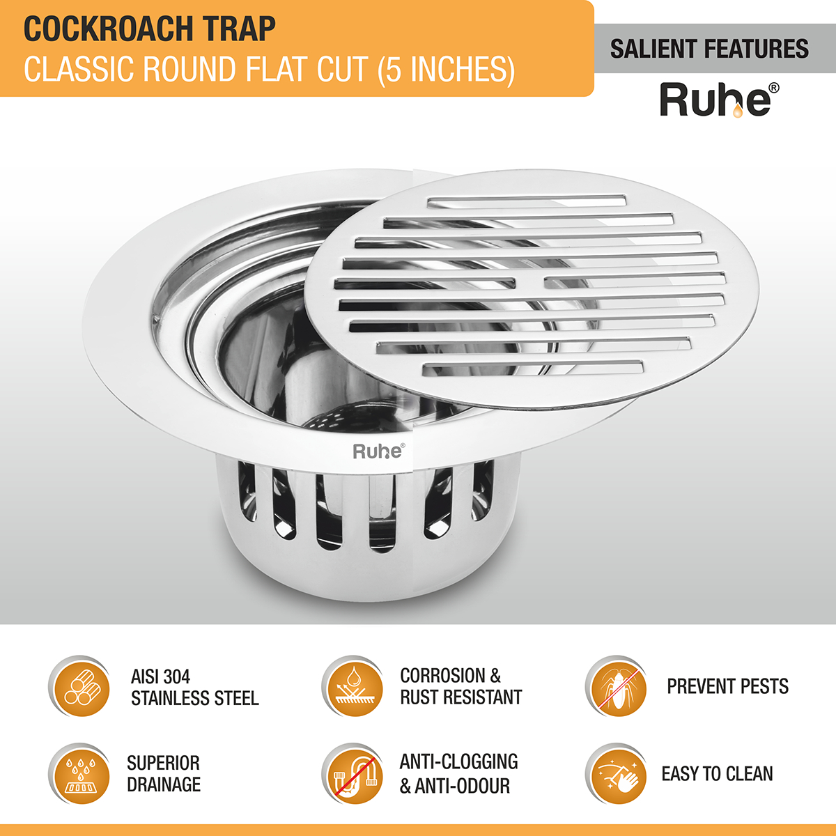 Classic Round Flat Cut 304-Grade Floor Drain with Cockroach Trap (5 Inches) -  by Ruhe