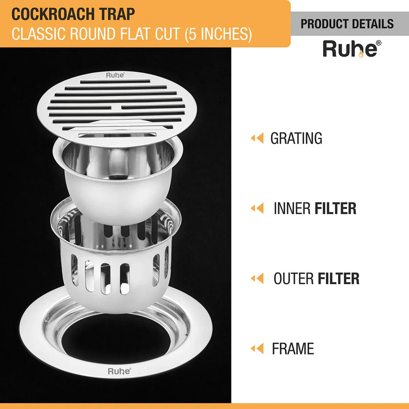 Classic Round Flat Cut 304-Grade Floor Drain with Cockroach Trap (5 Inches) - by Ruhe