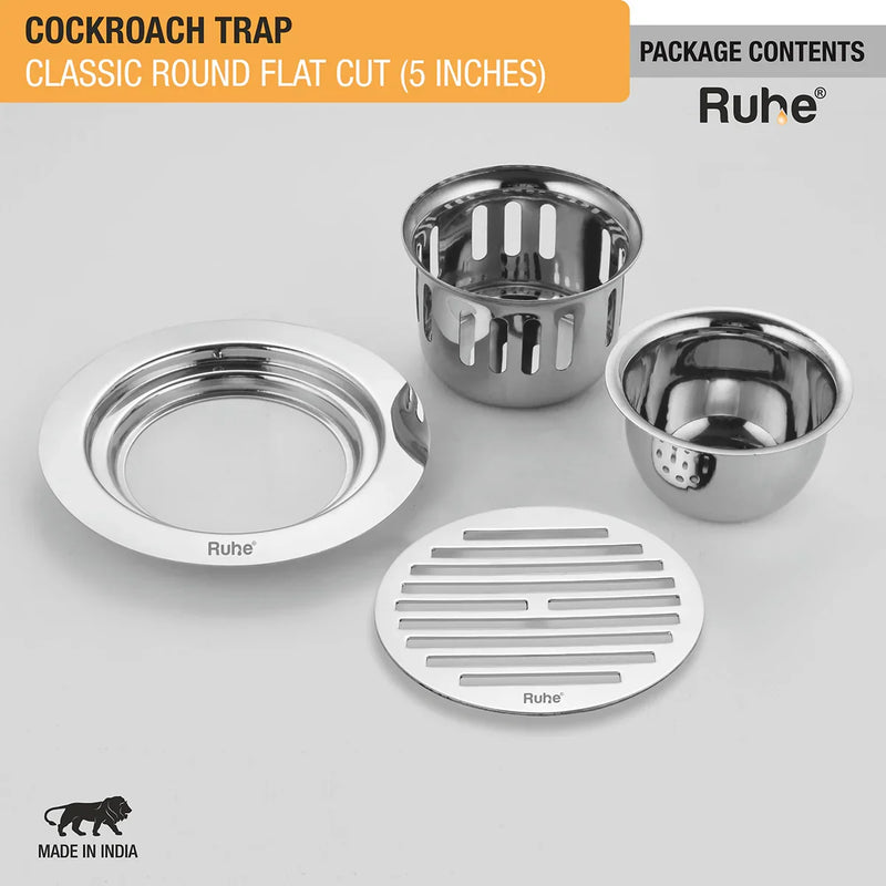 Classic Round Flat Cut 304-Grade Floor Drain with Cockroach Trap (5 Inches) - by Ruhe