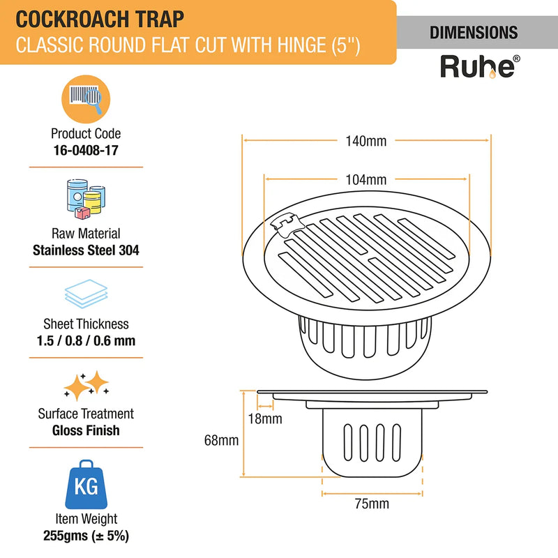 Classic Round Flat Cut 304-Grade Floor Drain with Hinge & Cockroach Trap (5 Inches) - by Ruhe