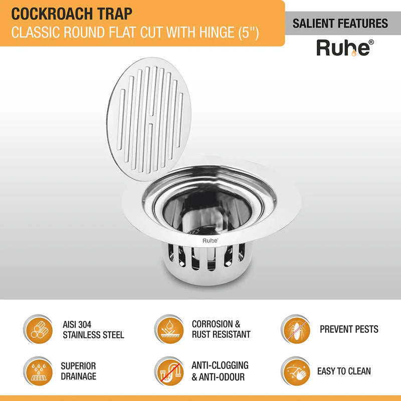 Classic Round Flat Cut 304-Grade Floor Drain with Hinge & Cockroach Trap (5 Inches) - by Ruhe