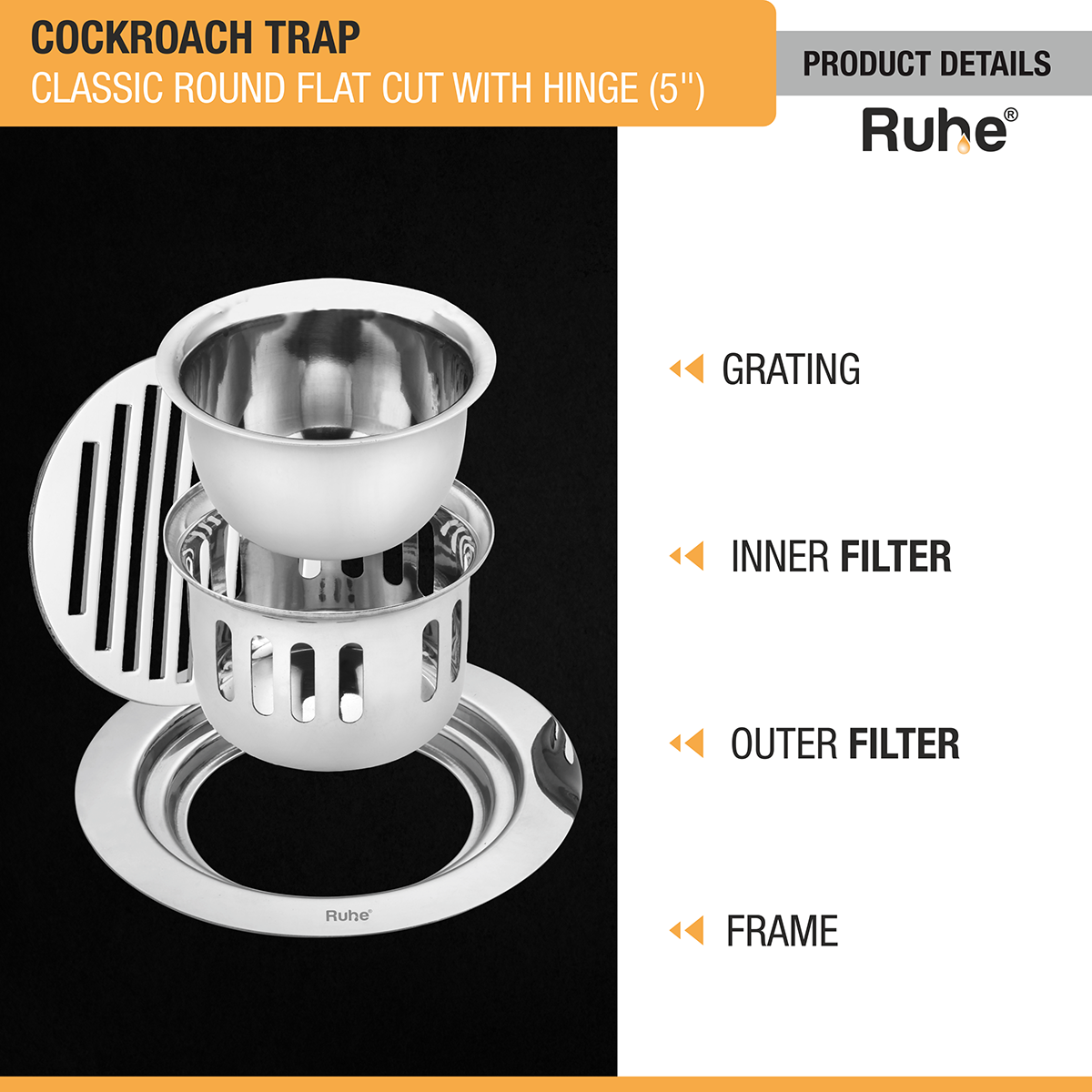 Classic Round Flat Cut 304-Grade Floor Drain with Hinge & Cockroach Trap (5 Inches) -  by Ruhe