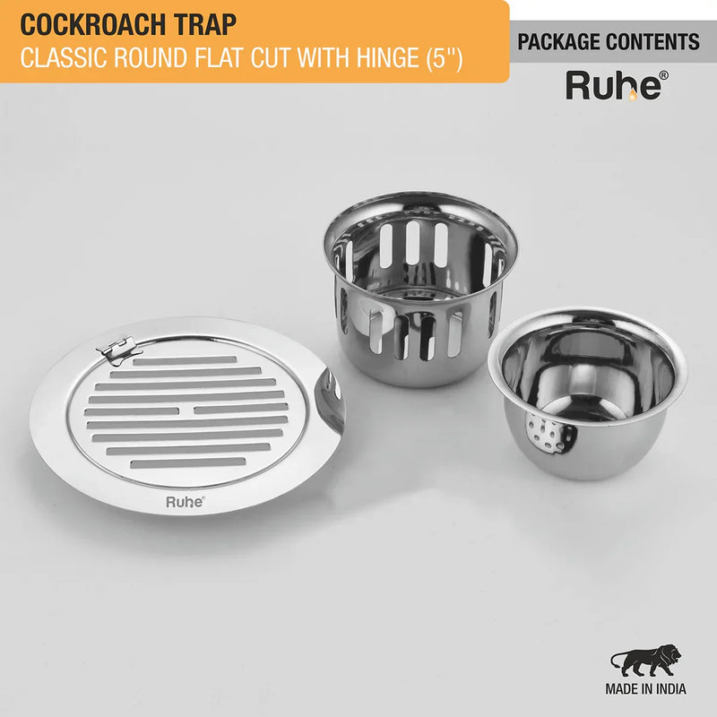 Classic Round Flat Cut 304-Grade Floor Drain with Hinge & Cockroach Trap (5 Inches) - by Ruhe