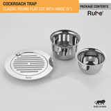 Classic Round Flat Cut Floor Drain (5 Inches) with Hinge & Cockroach Trap (304 Grade) package content