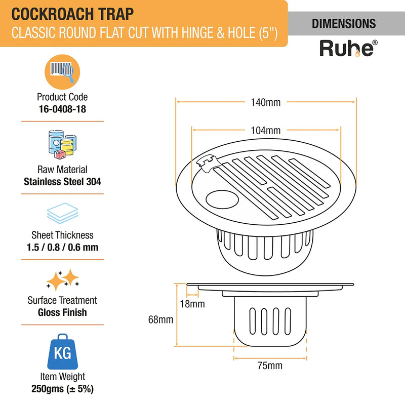Classic Round Flat Cut 304-Grade Floor Drain with Hinge, Hole & Cockroach Trap (5 Inches) - by Ruhe