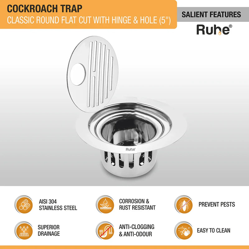 Classic Round Flat Cut 304-Grade Floor Drain with Hinge, Hole & Cockroach Trap (5 Inches) - by Ruhe