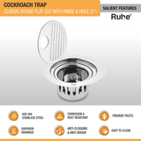 Classic Round Flat Cut Floor Drain (5 Inches) with Hinge, Hole & Cockroach Trap (304 Grade) features