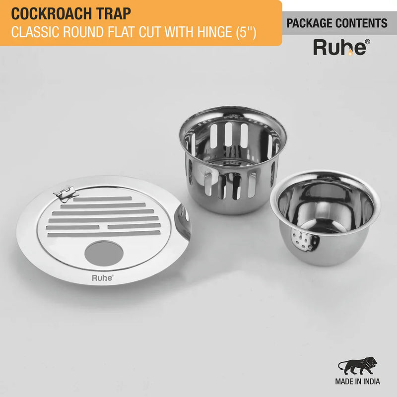 Classic Round Flat Cut 304-Grade Floor Drain with Hinge, Hole & Cockroach Trap (5 Inches) - by Ruhe