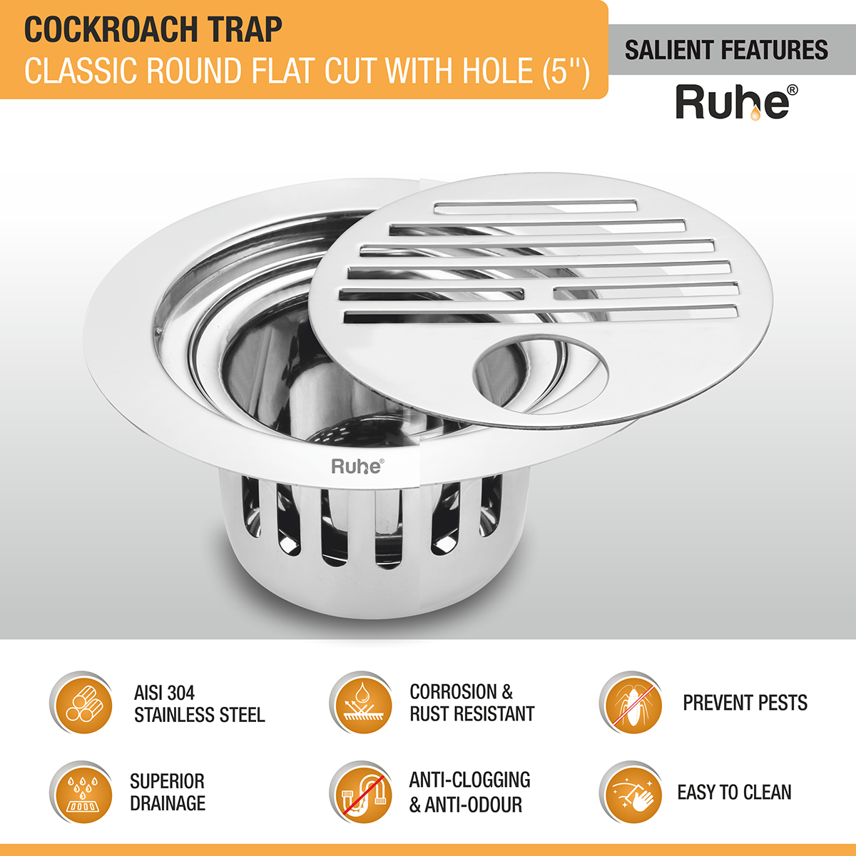 Classic Round Flat Cut Floor Drain (5 Inches) with Hole and Cockroach Trap (304 Grade) features