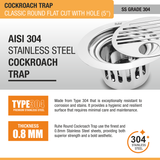 Classic Round Flat Cut Floor Drain (5 Inches) with Hole and Cockroach Trap (304 Grade) stainless steel