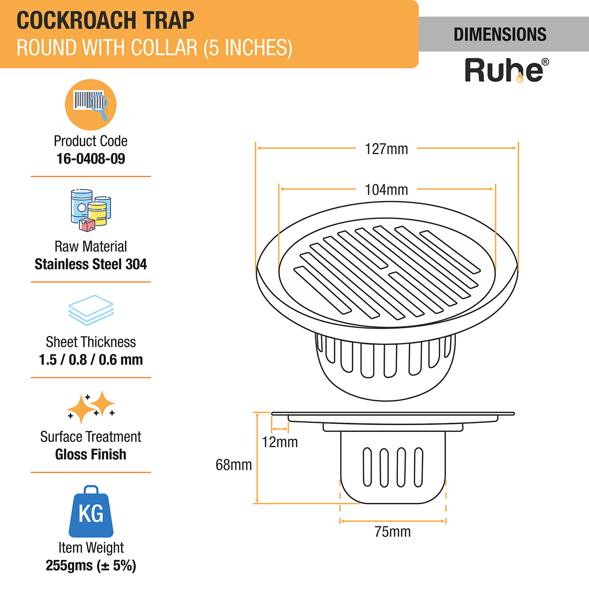 Classic Round 304-Grade Floor Drain with Collar & Cockroach Trap (5 Inches) -  by Ruhe