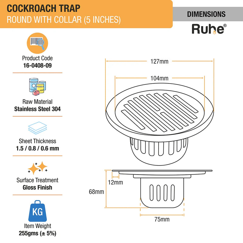 Classic Round 304-Grade Floor Drain with Collar & Cockroach Trap (5 Inches) - by Ruhe