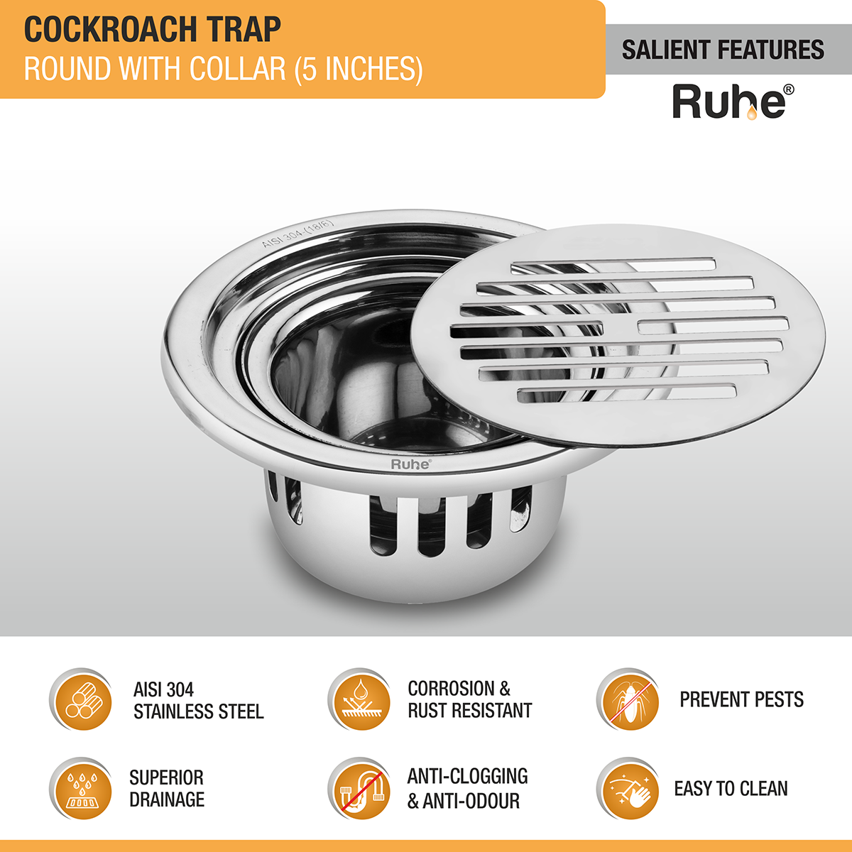 Classic Round 304-Grade Floor Drain with Collar & Cockroach Trap (5 Inches) -  by Ruhe