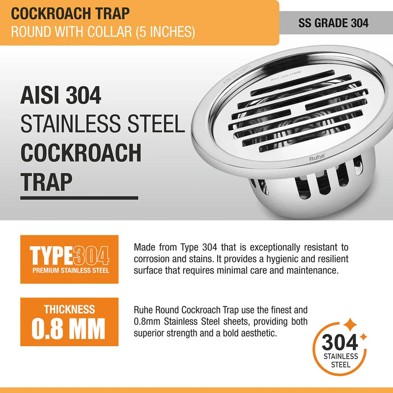 Classic Round 304-Grade Floor Drain with Collar & Cockroach Trap (5 Inches) - by Ruhe