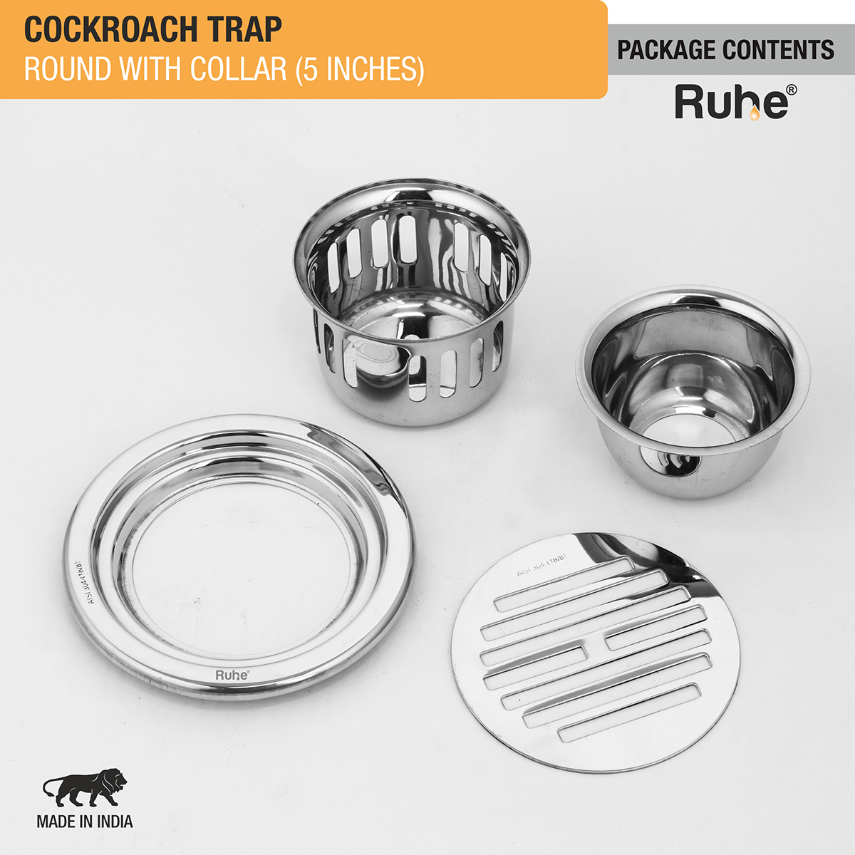 Classic Round 304-Grade Floor Drain with Collar & Cockroach Trap (5 Inches) -  by Ruhe