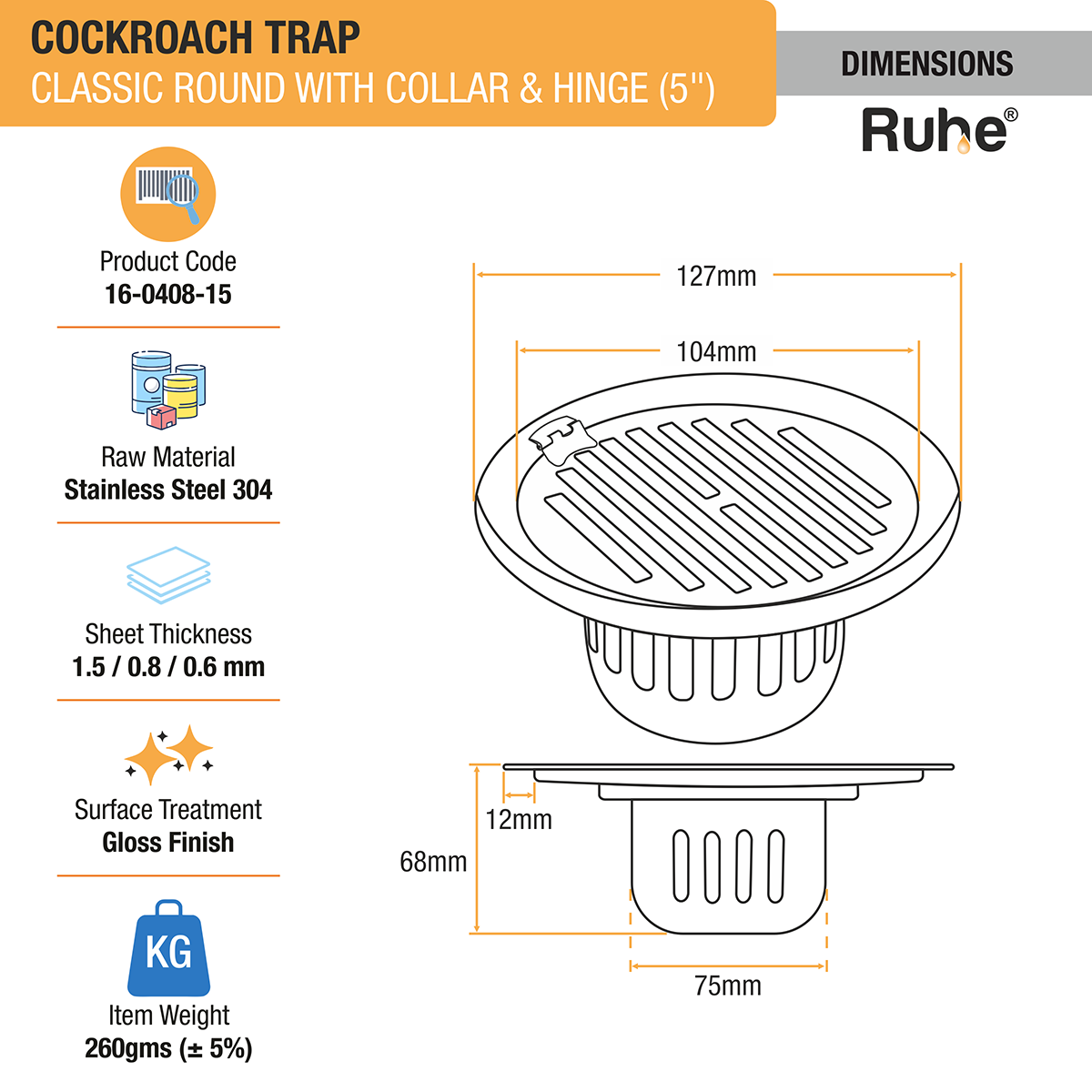 Classic Round 304-Grade Floor Drain with Collar, Hinge & Cockroach Trap (5 Inches) -  by Ruhe ®