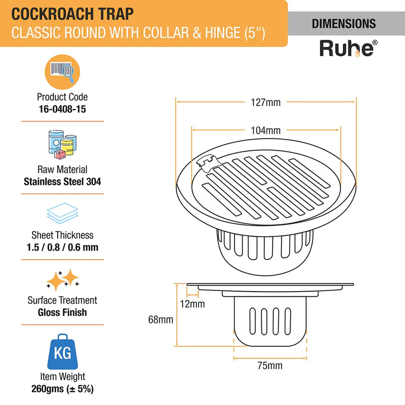 Classic Round 304-Grade Floor Drain with Collar, Hinge & Cockroach Trap (5 Inches) - by Ruhe