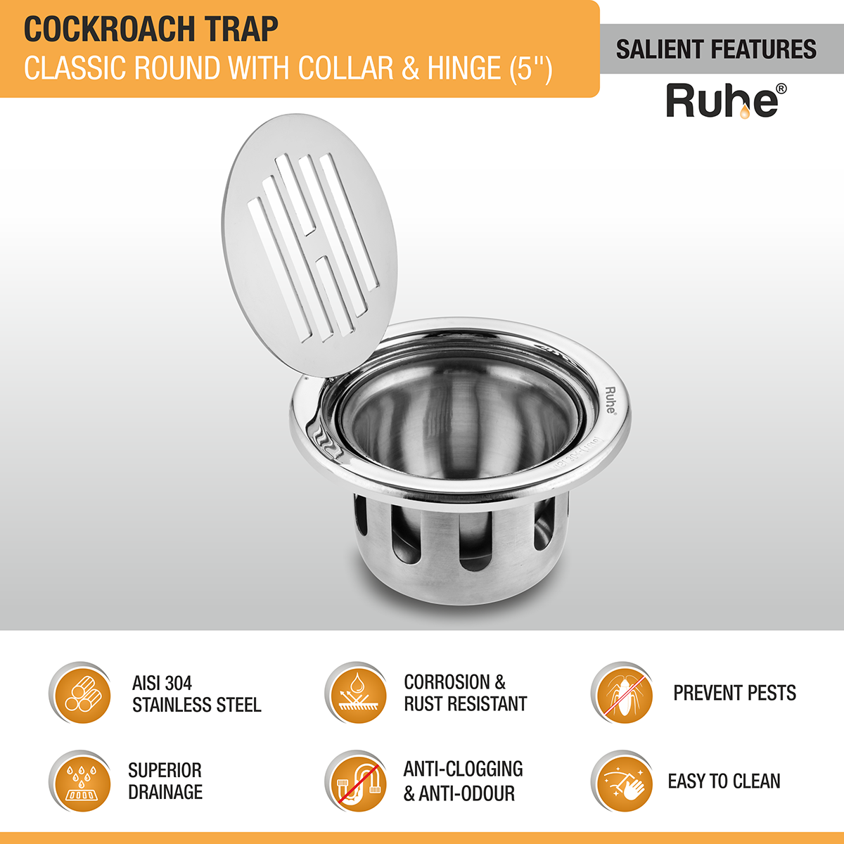 Classic Round 304-Grade Floor Drain with Collar, Hinge & Cockroach Trap (5 Inches) -  by Ruhe ®