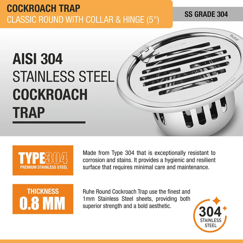 Classic Round 304-Grade Floor Drain with Collar, Hinge & Cockroach Trap (5 Inches) - by Ruhe
