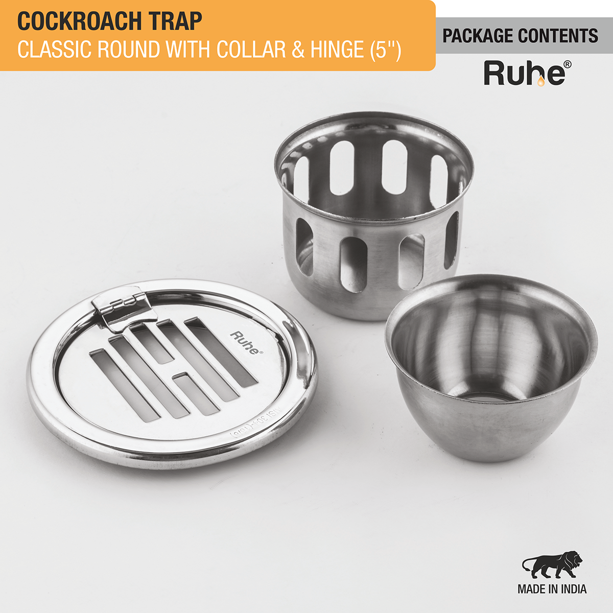 Classic Round 304-Grade Floor Drain with Collar, Hinge & Cockroach Trap (5 Inches) -  by Ruhe ®