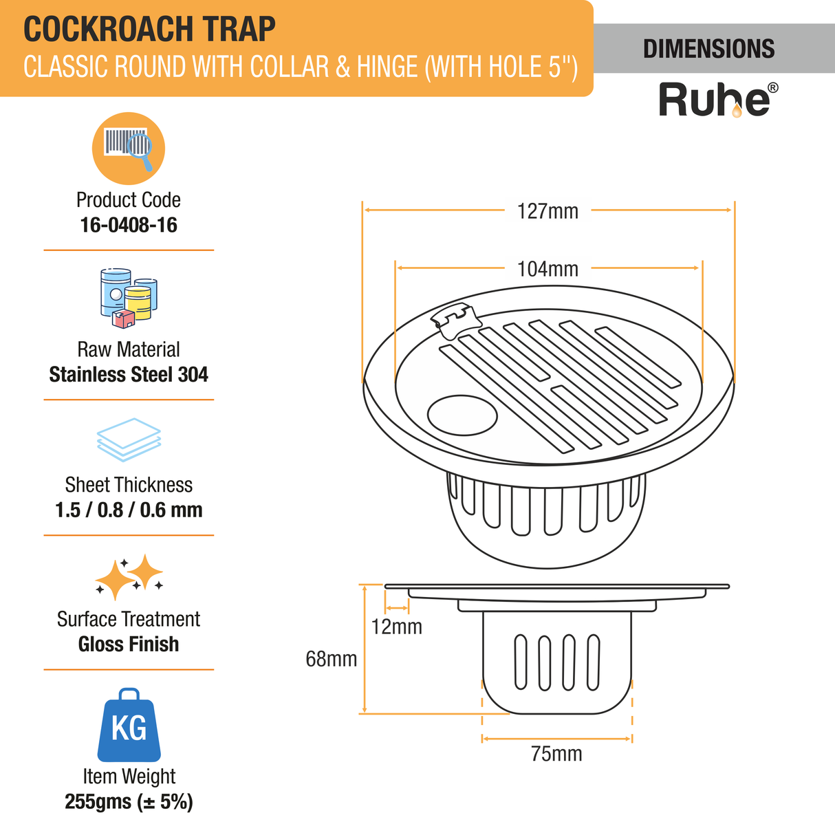 Classic Round 304-Grade Floor Drain with Collar, Hinge, Hole & Cockroach Trap (5 Inches) -  by Ruhe