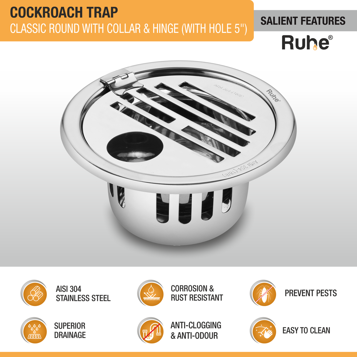 Classic Round 304-Grade Floor Drain with Collar, Hinge, Hole & Cockroach Trap (5 Inches) -  by Ruhe