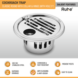 Classic Round Floor Drain (5 Inches) with Hinge, Hole & Cockroach Trap (304 Grade) features