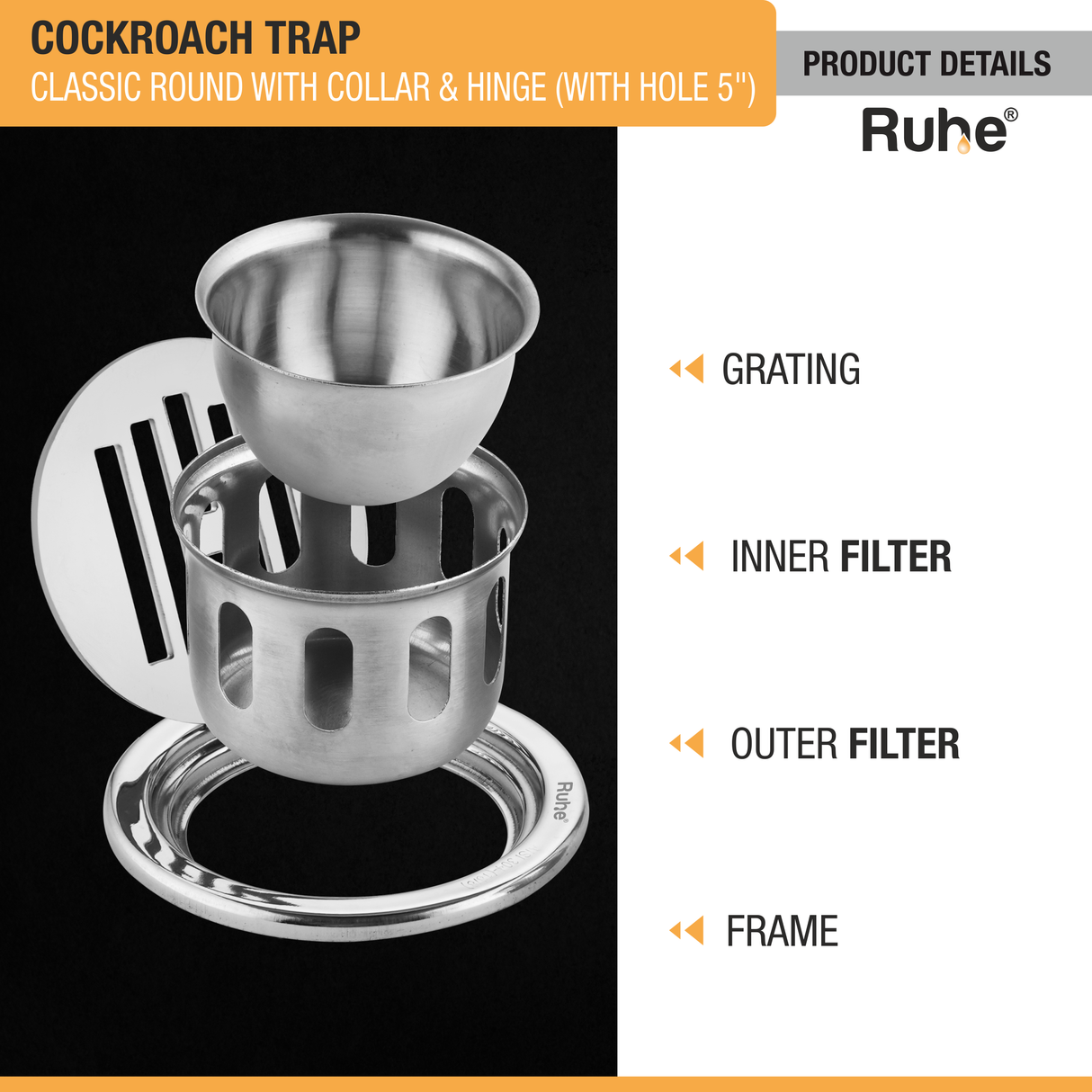 Classic Round 304-Grade Floor Drain with Collar, Hinge, Hole & Cockroach Trap (5 Inches) -  by Ruhe