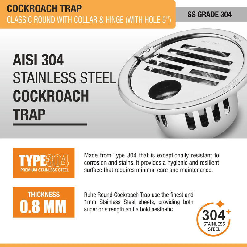 Classic Round 304-Grade Floor Drain with Collar, Hinge, Hole & Cockroach Trap (5 Inches) - by Ruhe