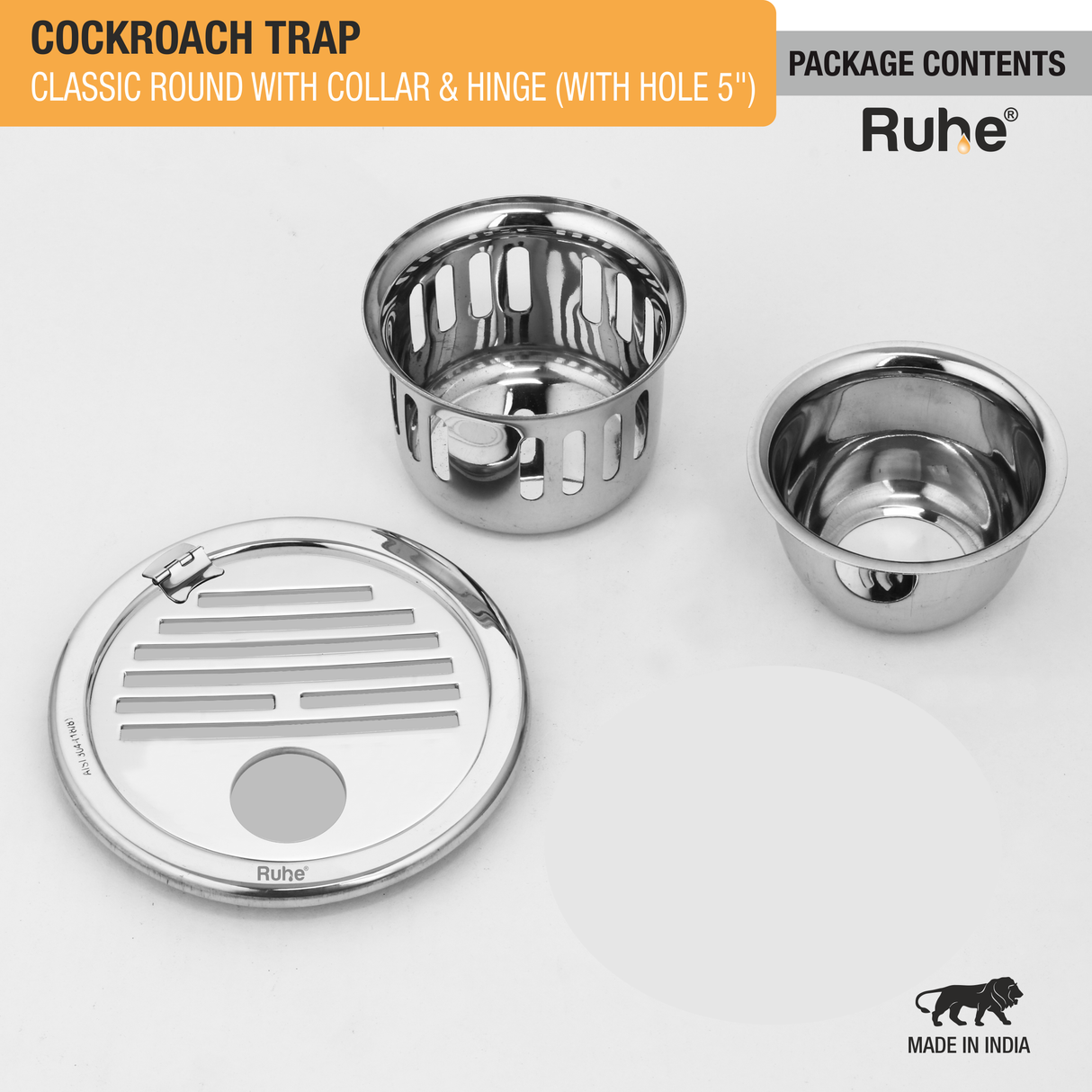 Classic Round 304-Grade Floor Drain with Collar, Hinge, Hole & Cockroach Trap (5 Inches) -  by Ruhe