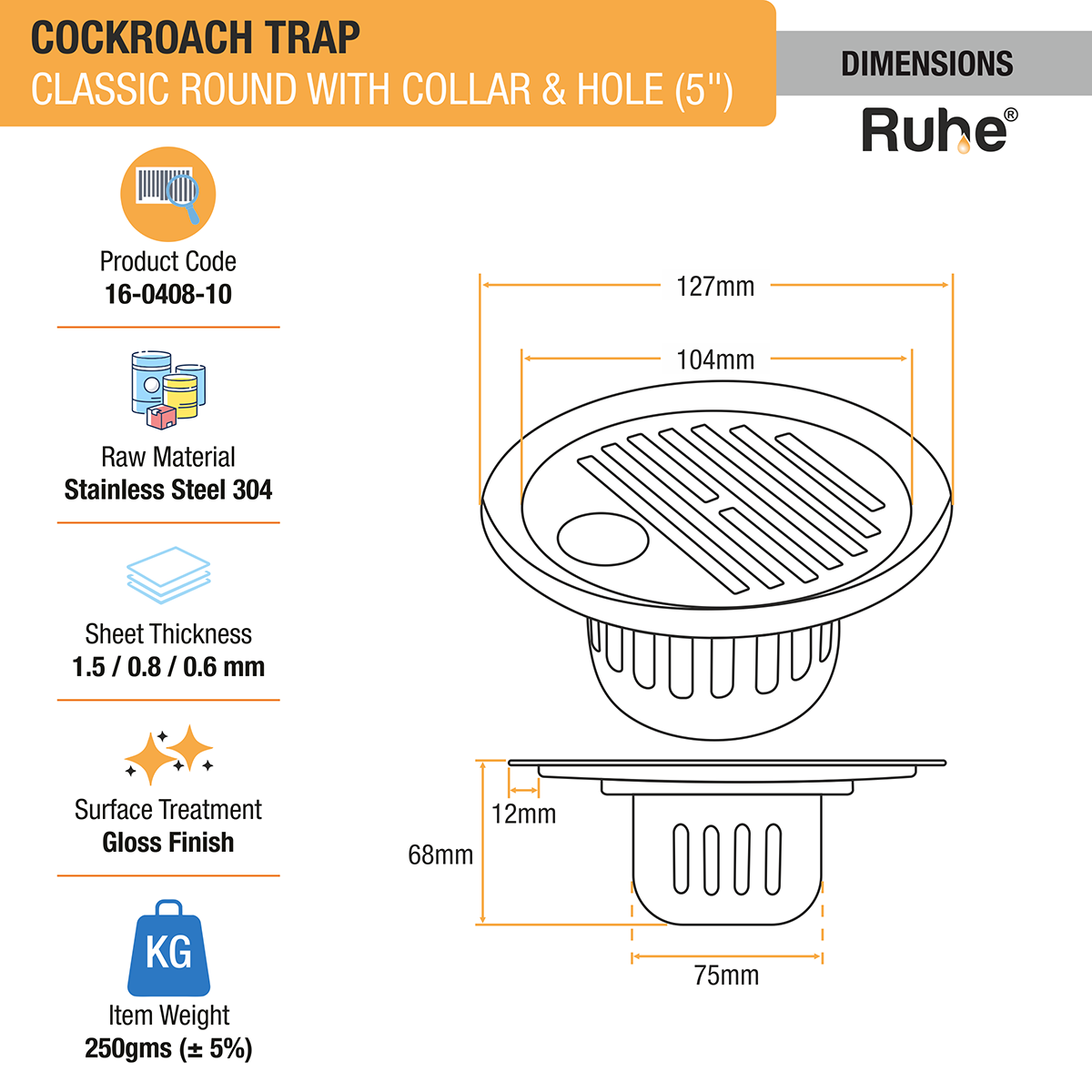 Classic Round 304-Grade Floor Drain with Collar, Hole & Cockroach Trap (5 Inches) -  by Ruhe