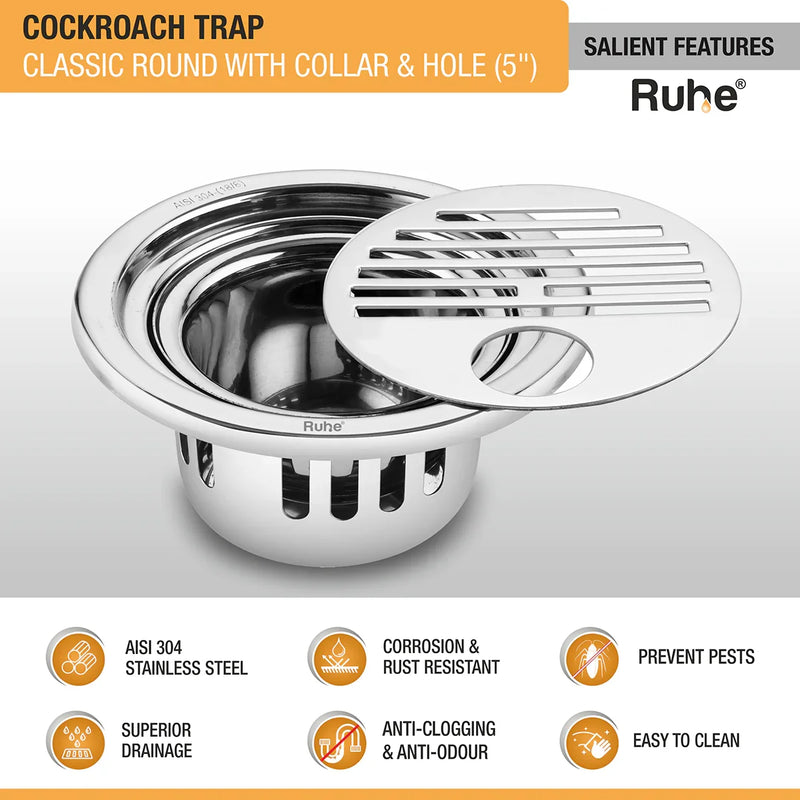 Classic Round 304-Grade Floor Drain with Collar, Hole & Cockroach Trap (5 Inches) - by Ruhe
