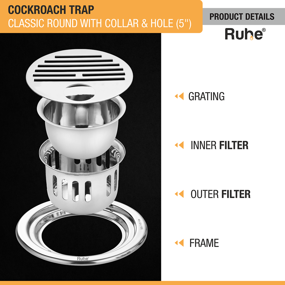 Classic Round 304-Grade Floor Drain with Collar, Hole & Cockroach Trap (5 Inches) -  by Ruhe