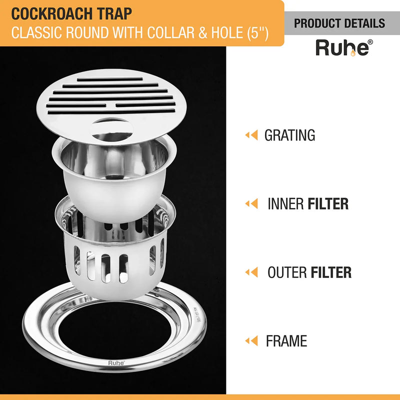 Classic Round 304-Grade Floor Drain with Collar, Hole & Cockroach Trap (5 Inches) - by Ruhe