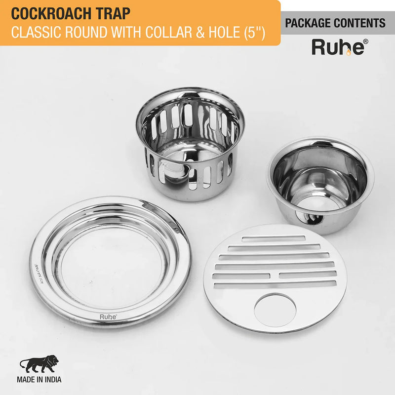 Classic Round 304-Grade Floor Drain with Collar, Hole & Cockroach Trap (5 Inches) - by Ruhe