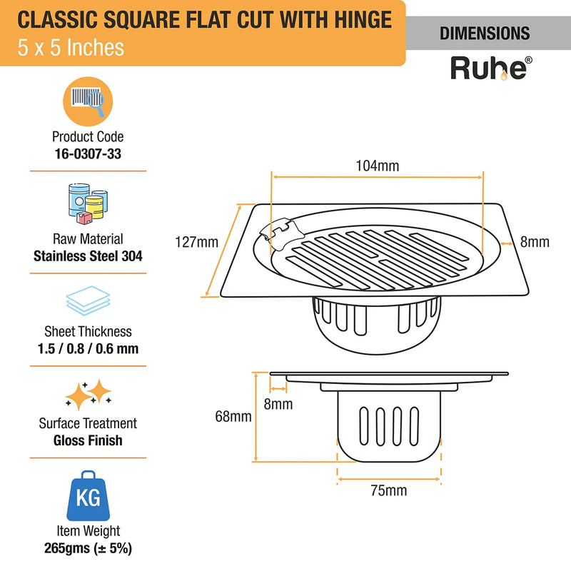 Classic Square Flat Cut 304-Grade Floor Drain with Hinge & Cockroach Trap (5 x 5 Inches) - by Ruhe