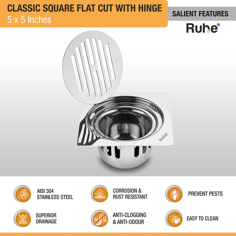 Classic Square Flat Cut 304-Grade Floor Drain with Hinge & Cockroach Trap (5 x 5 Inches) - by Ruhe