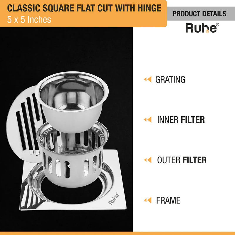 Classic Square Flat Cut 304-Grade Floor Drain with Hinge & Cockroach Trap (5 x 5 Inches) - by Ruhe