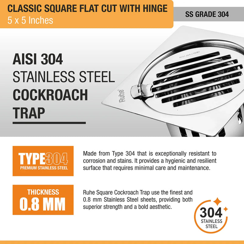 Classic Square Flat Cut 304-Grade Floor Drain with Hinge & Cockroach Trap (5 x 5 Inches) - by Ruhe
