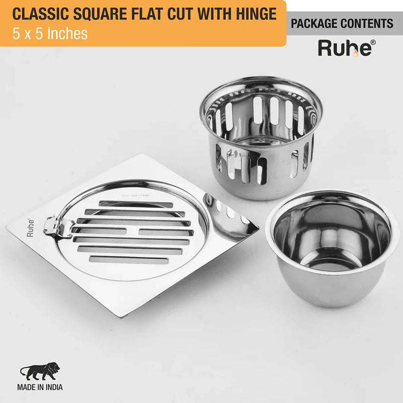 Classic Square Flat Cut 304-Grade Floor Drain with Hinge & Cockroach Trap (5 x 5 Inches) - by Ruhe