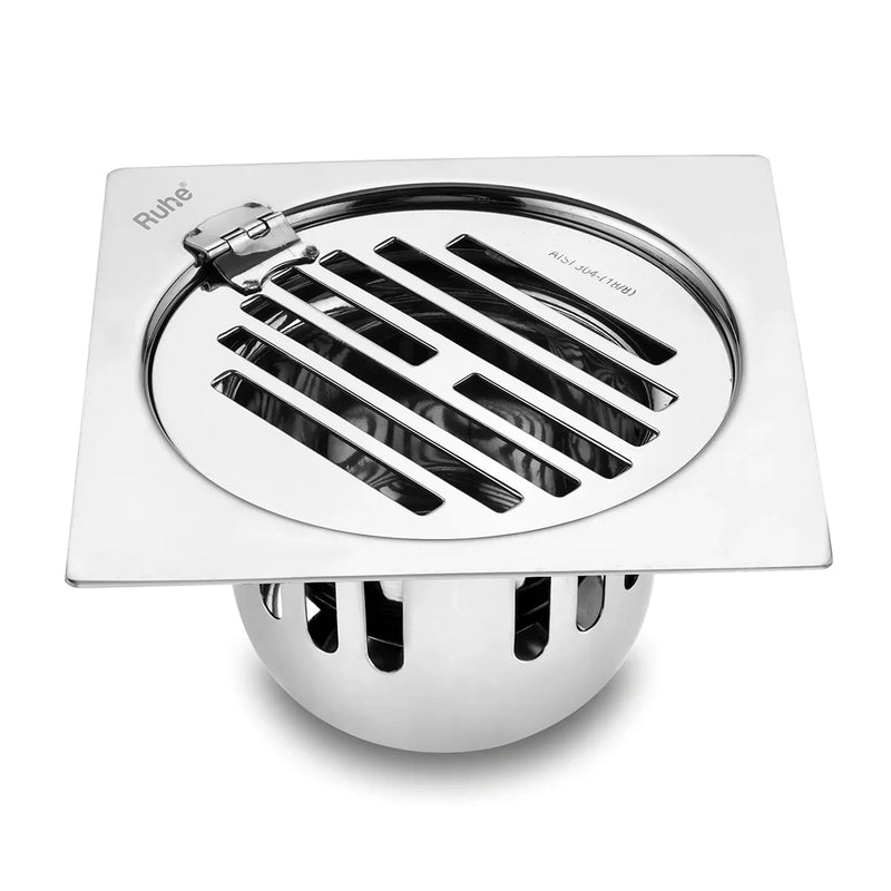 Classic Square Flat Cut 304-Grade Floor Drain with Hinge & Cockroach Trap (5 x 5 Inches) - by Ruhe