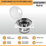 Classic Square Flat Cut Floor Drain (5 x 5 Inches) with Hinge, Hole and Cockroach Trap (304 Grade) features