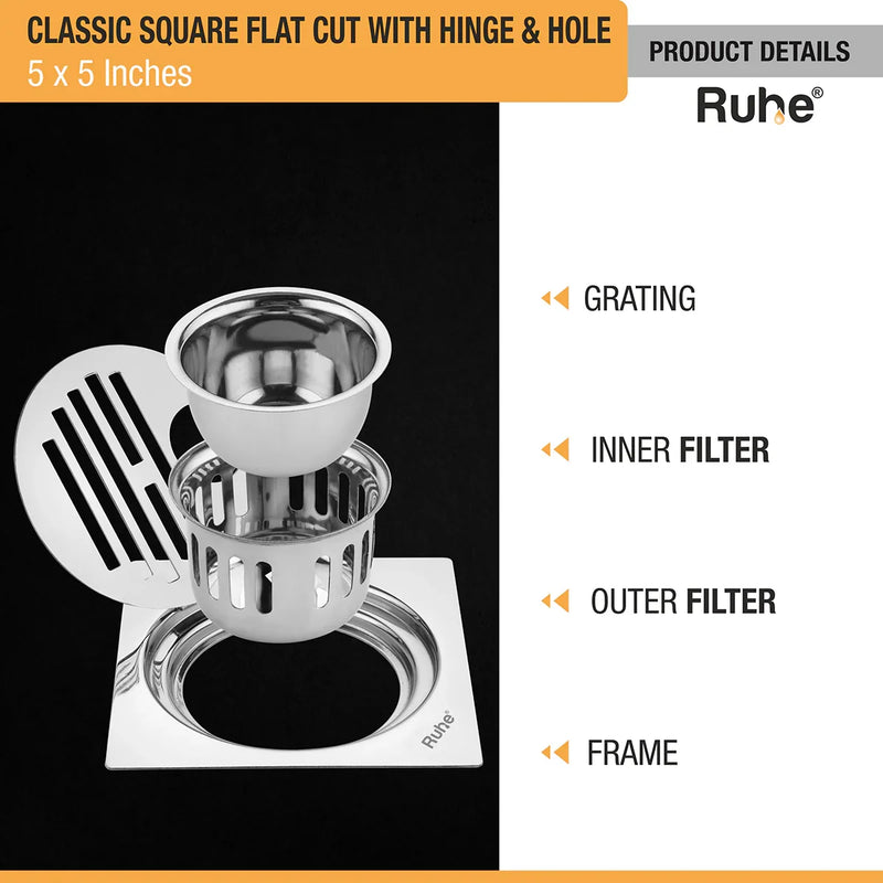 Classic Square Flat Cut 304-Grade Floor Drain with Hinge, Hole & Cockroach Trap (5 x 5 Inches) - by Ruhe