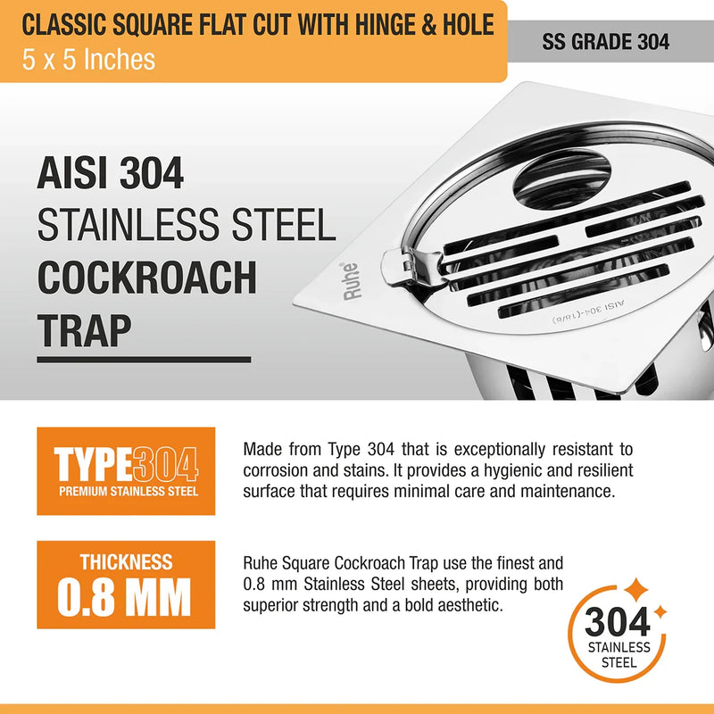 Classic Square Flat Cut 304-Grade Floor Drain with Hinge, Hole & Cockroach Trap (5 x 5 Inches) - by Ruhe