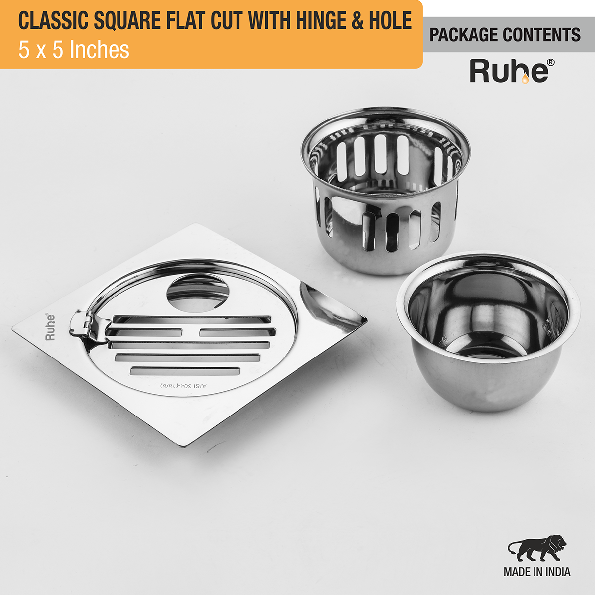 Classic Square Flat Cut Floor Drain (5 x 5 Inches) with Hinge, Hole and Cockroach Trap (304 Grade) package content