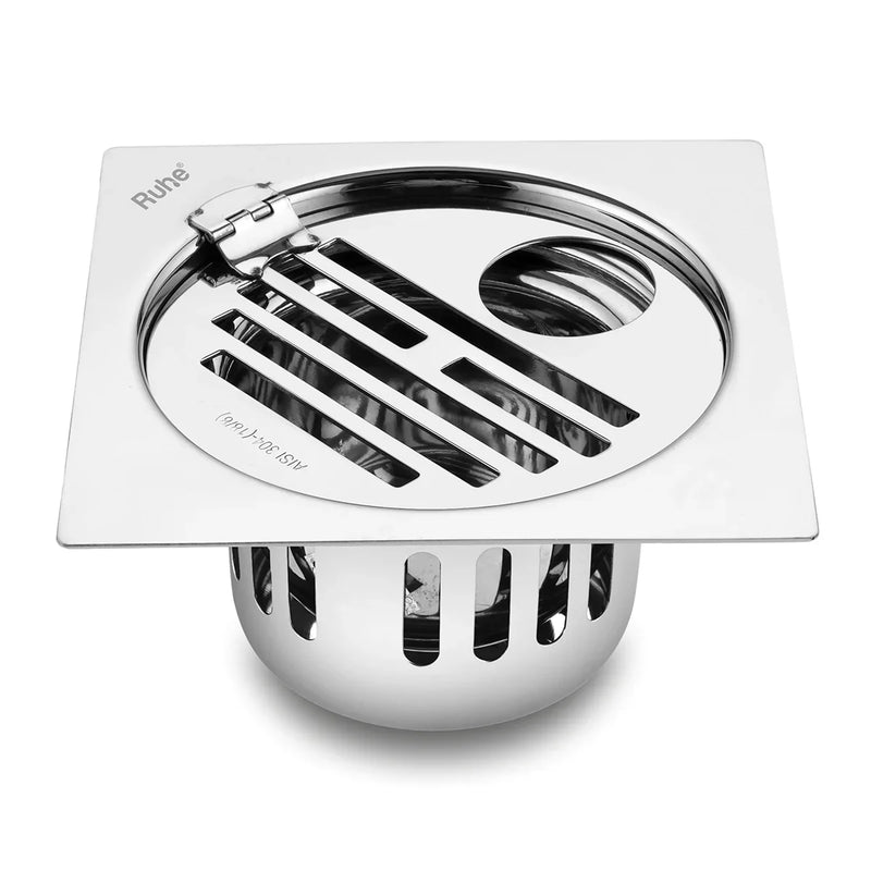 Classic Square Flat Cut 304-Grade Floor Drain with Hinge, Hole & Cockroach Trap (5 x 5 Inches) - by Ruhe