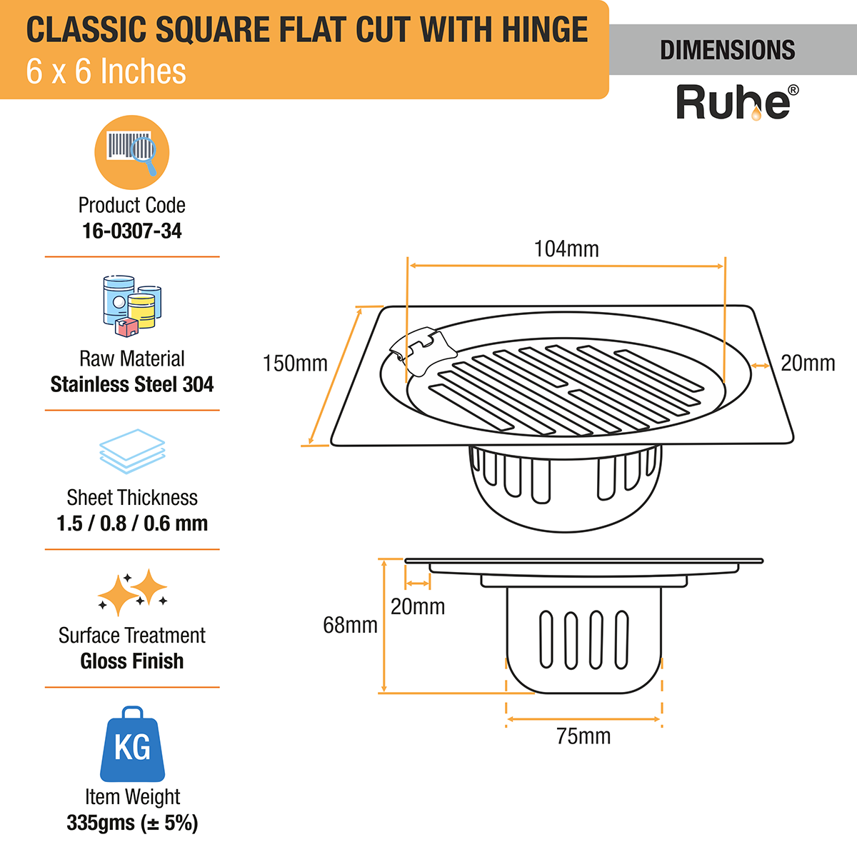 Classic Square Flat Cut Floor Drain (6 x 6 Inches) with Hinge & Cockroach Trap (304 Grade) dimensions and size